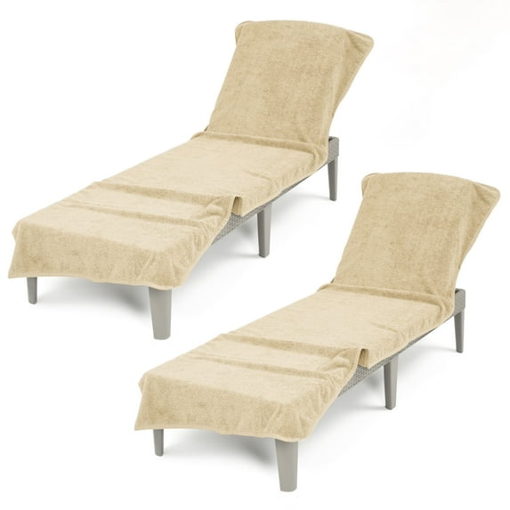 American Soft Linen 2-Packed Turkish Beach & Pool Lounge Chaise Cover with Pocket – Soft, Absorbent, Machine Washable, 86x32 Inches - Beige