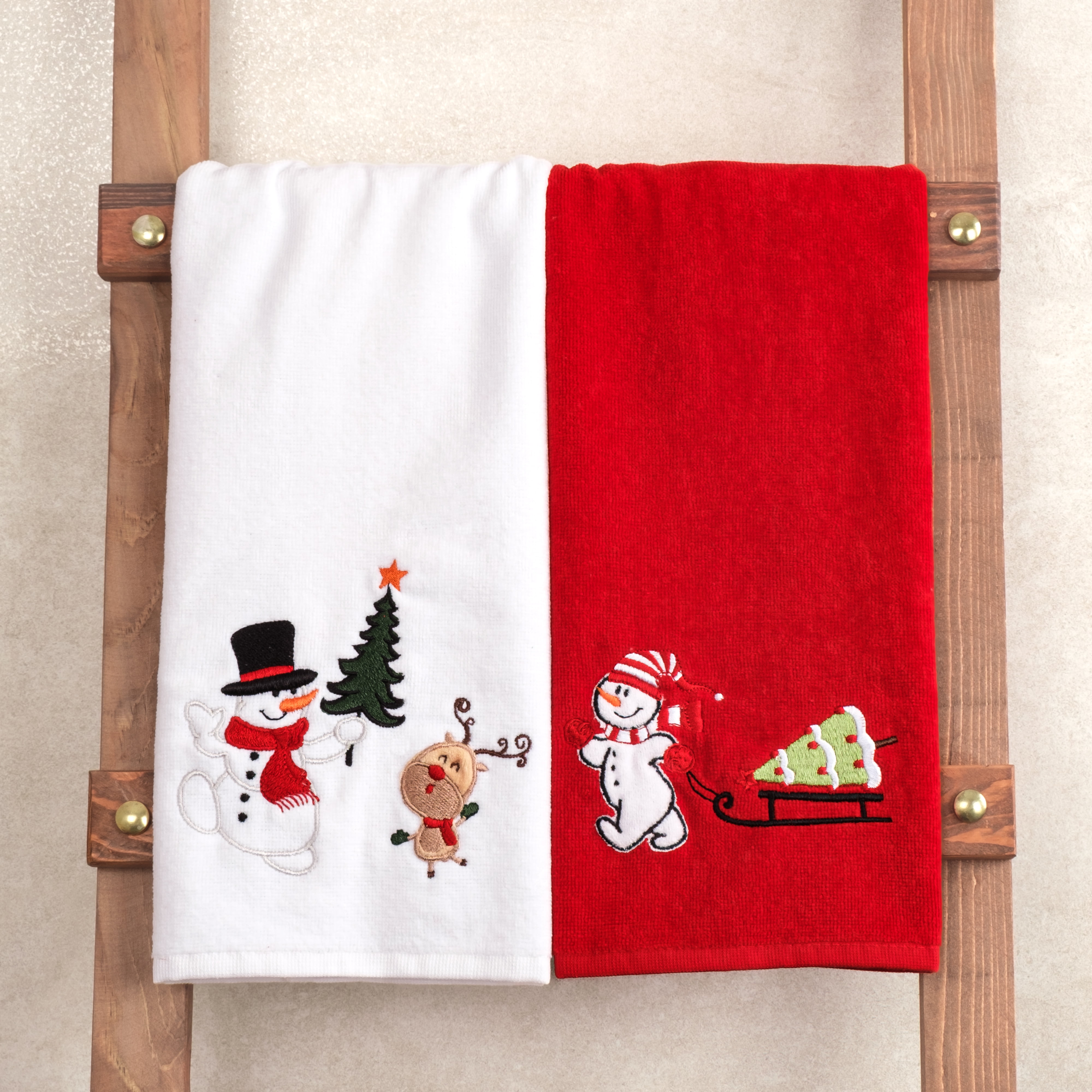 American Soft Linen Christmas Towels Bathroom Set, 2 Packed Embroidered