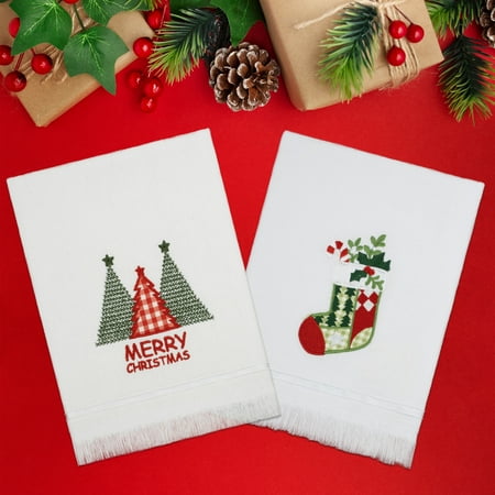 American Soft Linen, Christmas Tree & Socks Emboidered Turkish Cotton White Hand Towel Set, 20x30 inch