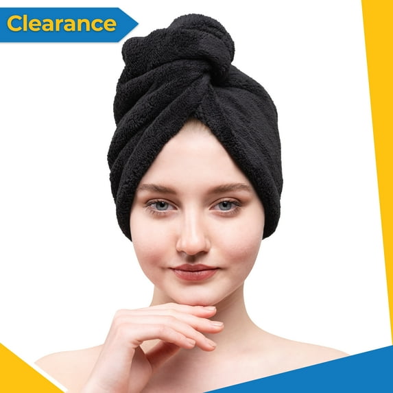 American Soft Linen Hair Drying Towel, Turban Towel Wrap, Absorbent and Soft Head Towel Cap with Button-Black (1 piece)