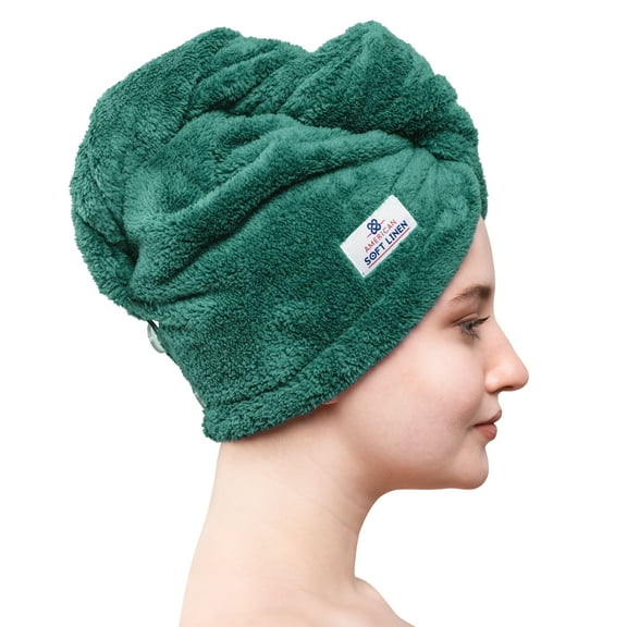 American Soft Linen Hair Drying Towel, Turban Towel Wrap, Absorbent and Soft Head Towel Cap with Button-Colonial Blue (2 PACK)