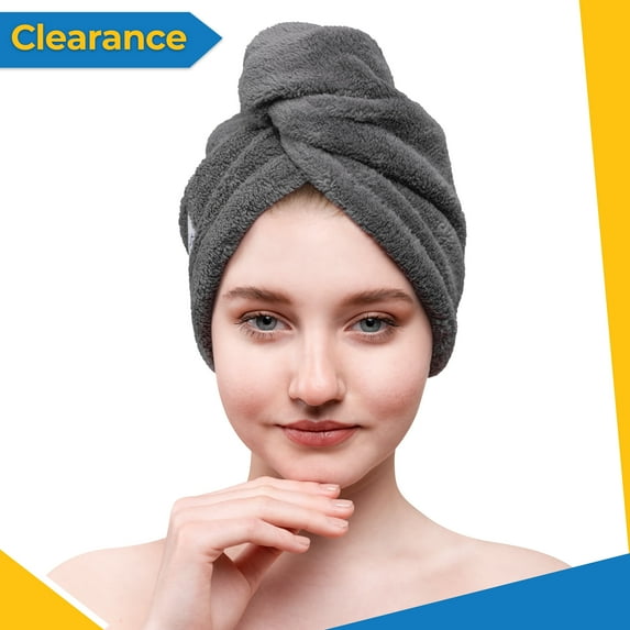American Soft Linen Hair Drying Towel, Turban Towel Wrap, Absorbent and Soft Head Towel Cap with Button-Grey (1 piece)