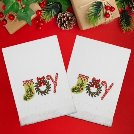 American Soft Linen, Joy Lettering Emboidered Turkish Cotton White Hand Towel Set, 20x30 Inch