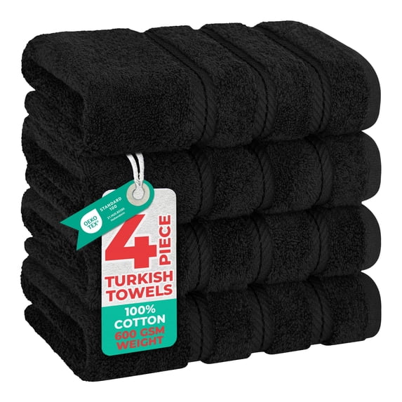 American Soft Linen Luxury Turkish Hand Towel Set, 100% Cotton 4 Piece Hand Face Towels for Bathroom and Kitchen, Black