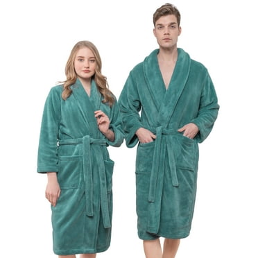 American Soft Linen Men & Women Super Soft Fleece Bathrobe with Shawl Collar, Front Pocket, Waist Belt, L-XL, Teal