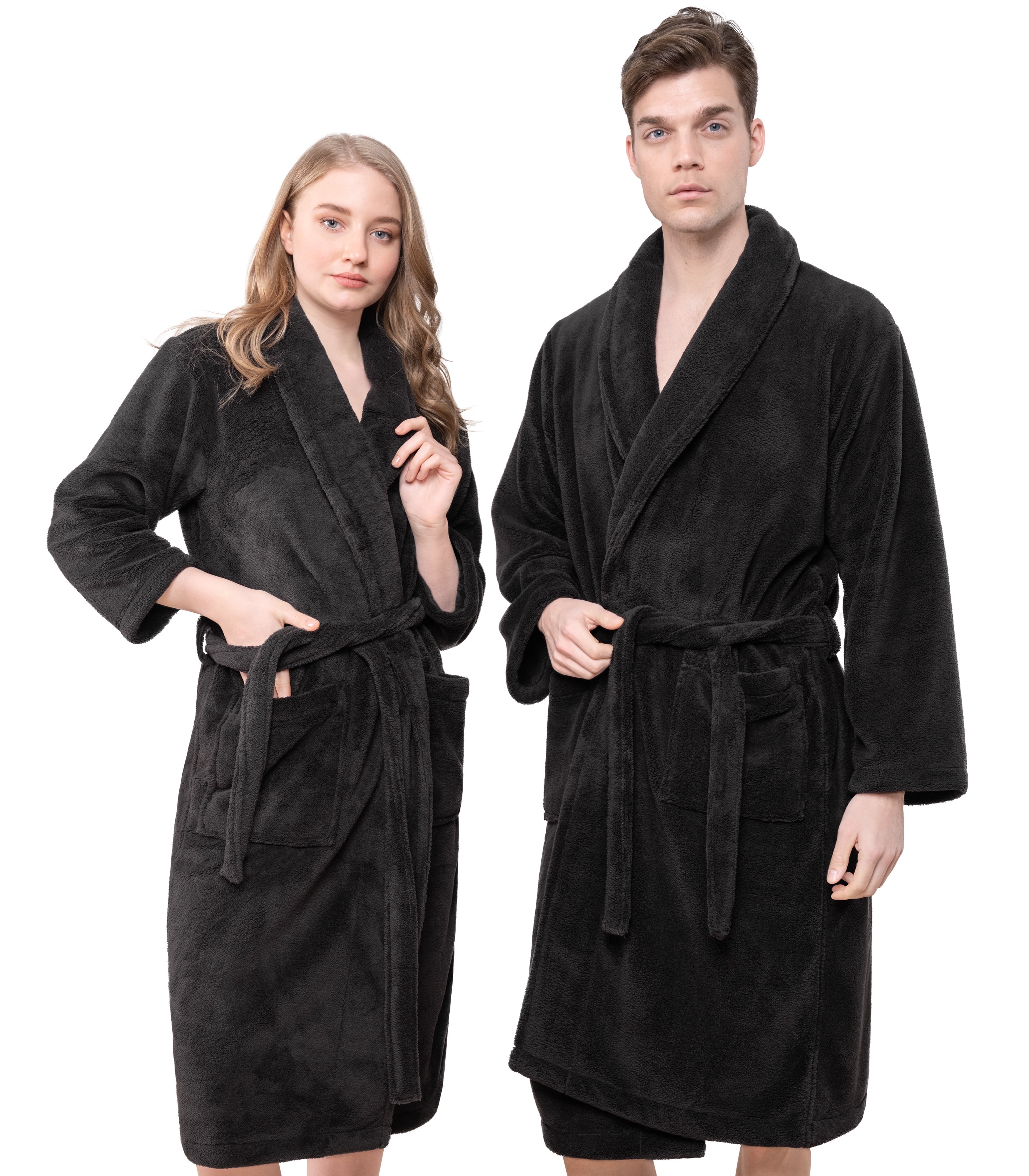 Black Unisex Shawl Collar Fleece Bathrobe, S/M