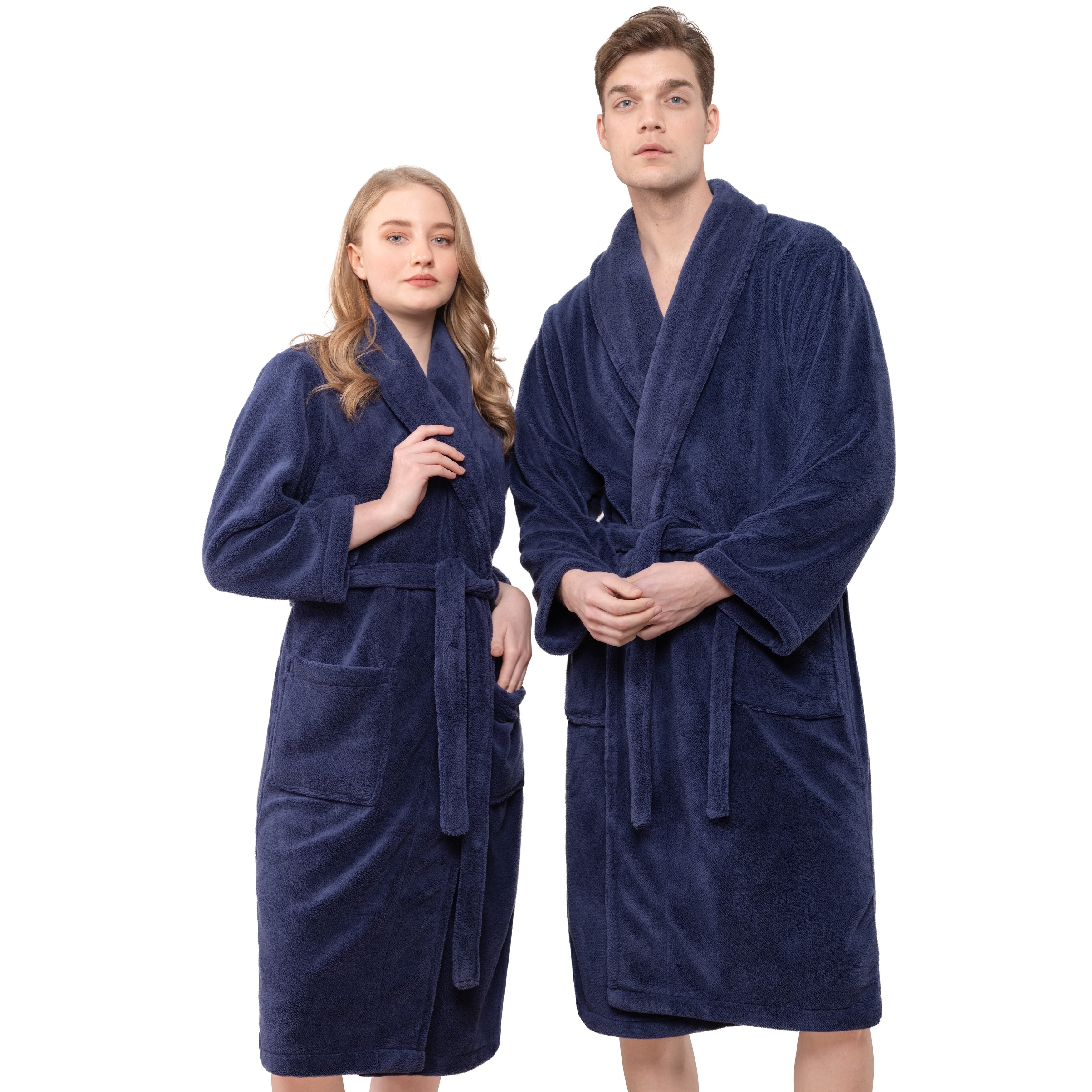 Navy Blue Unisex Fleece Shawl Collar Bathrobe
