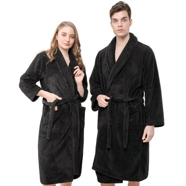American Soft Linen Men & Women Super Soft Fleece Bathrobe with Shawl Collar, Front Pocket, Waist Belt, XL-XXL, Coal Black