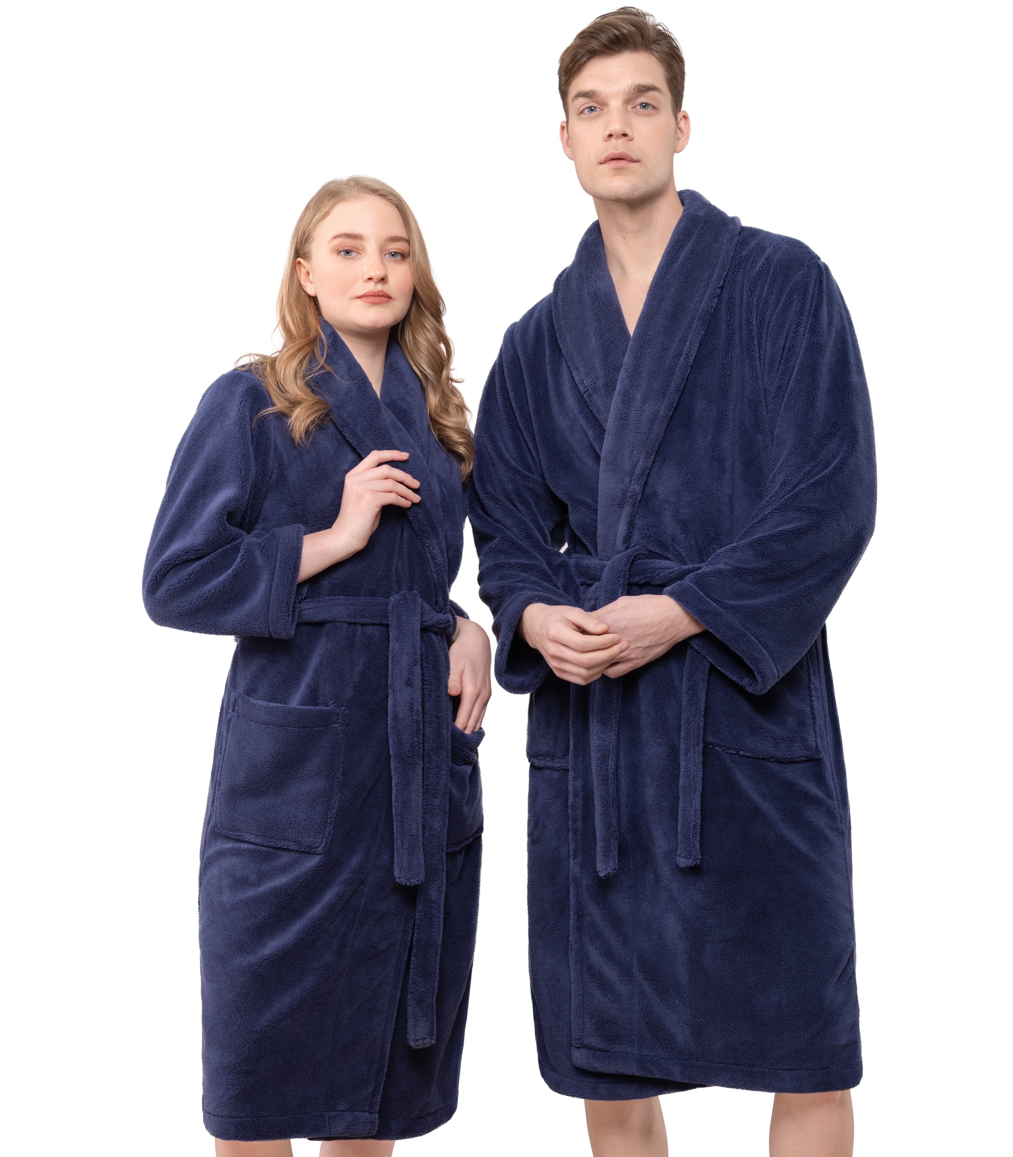 Navy Blue Medium Fleece Bathrobe with Shawl Collar