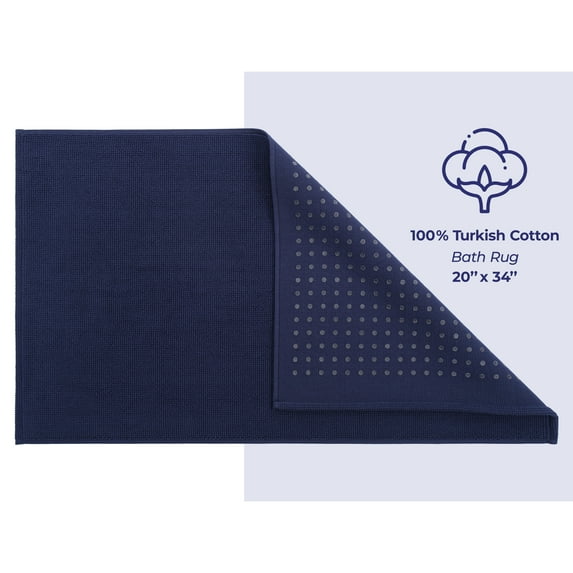 American Soft Linen, Slip Reducer Bath Rug, 100% Cotton 20x34 inches, Soft Absorbent Bath Mat Rugs, Navy Blue