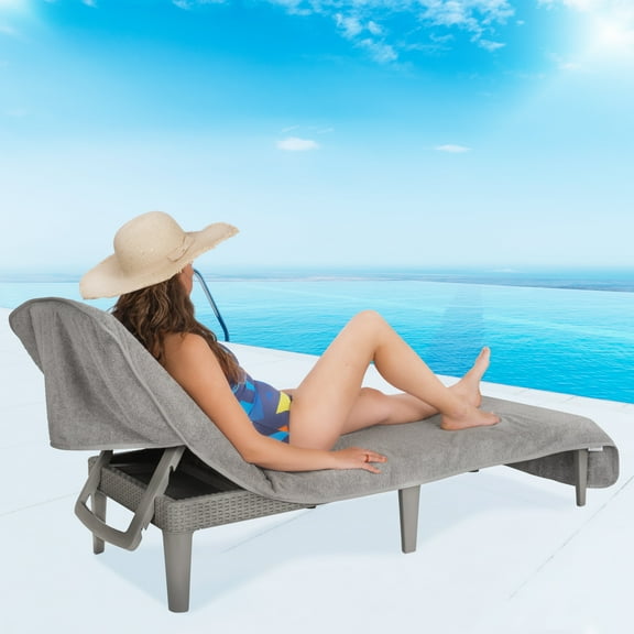 American Soft Linen Turkish Beach & Pool Lounge Chaise Cover with Pocket – Soft, Absorbent, Machine Washable, 86x32 Inches - Rockridge Gray