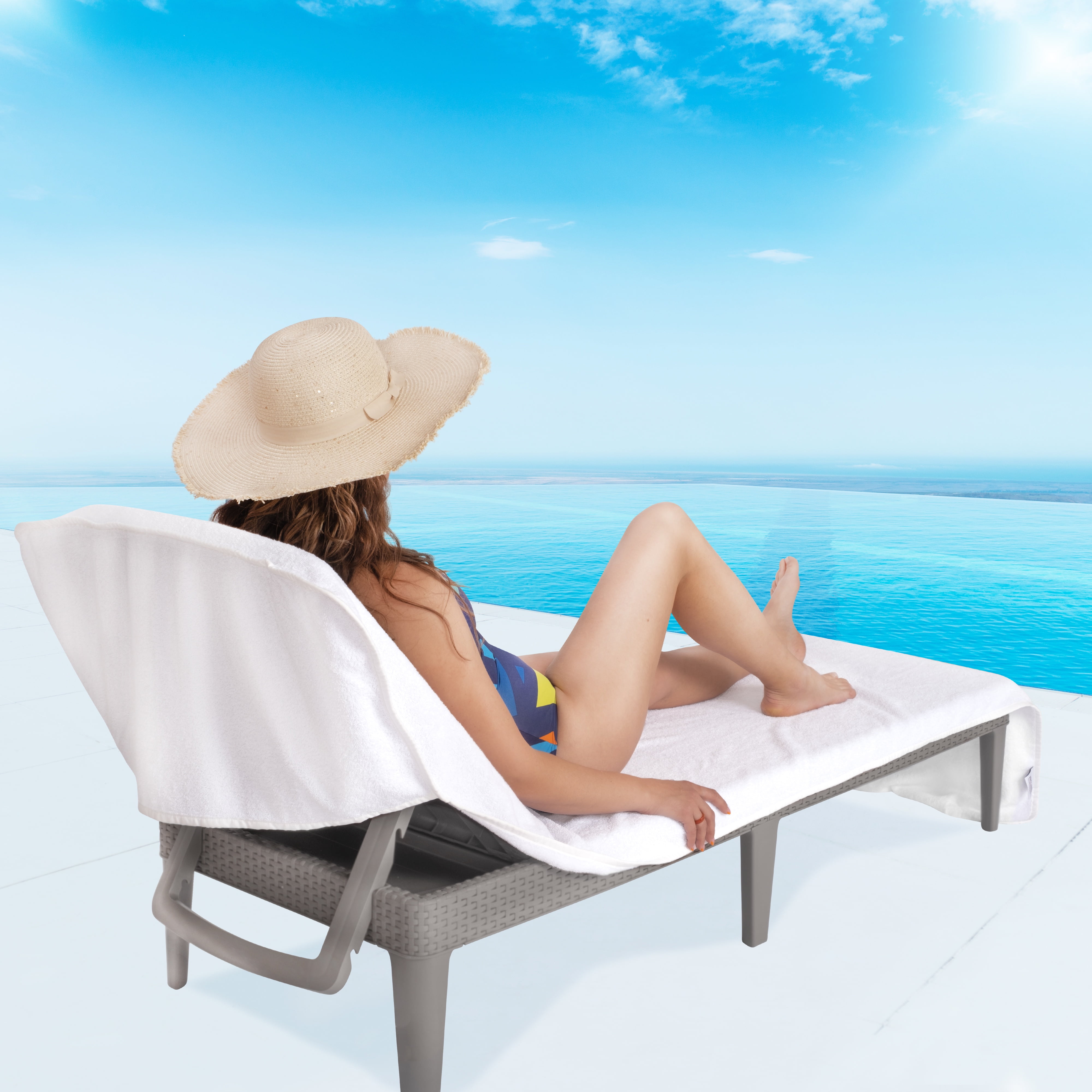 American Soft Linen Chaise Lounge Covers with Pocket, 86"x32" Oversized Pool Chair Lounge Towel, White