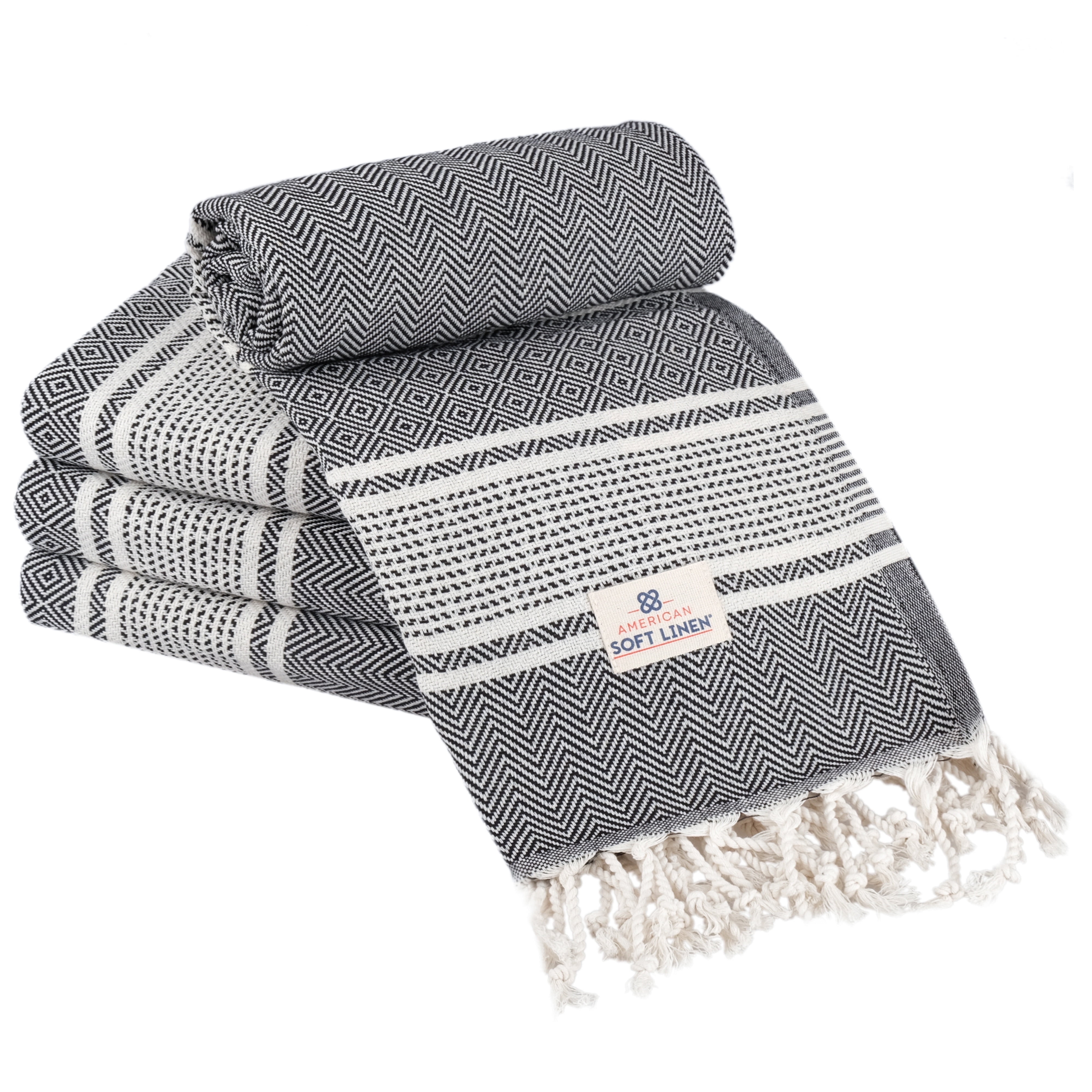 American Soft Linen Turkish Peshtemal Beach Towels, 35" x 65" size 4 Pack Swim Towels for Beach and Pool Towels, Black Stripe