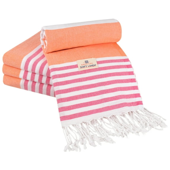 American Soft Linen Turkish Peshtemal Beach Towels, 40" x 70" size 4 Pack Swim Towels for Beach and Pool Towels, Orange Pink Stripe