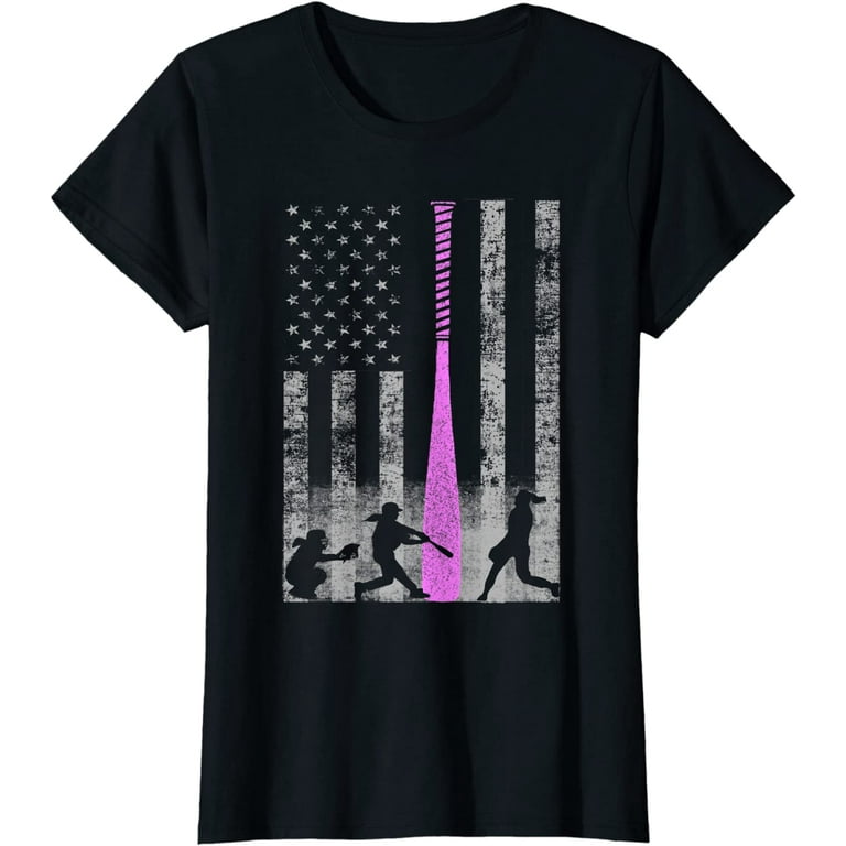 American Softball Flag T-Shirt - Players And Pink Bat American Softball Flag T-Shirt - Players And Pink Bat