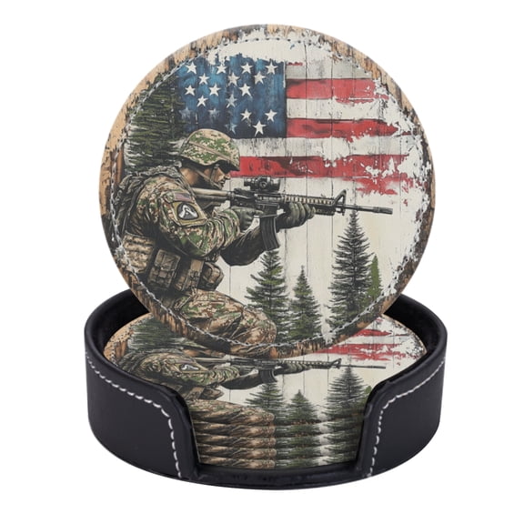 PU Leather Coasters for Drinks Bar Beer,Set of 6 with Holder,Round Housewarming Gift,American Soldier Gear With Rifle