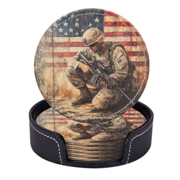 PU Leather Coasters for Drinks Bar Beer,Set of 6 with Holder,Round Housewarming Gift,American Soldier In Full Gear With Rifle