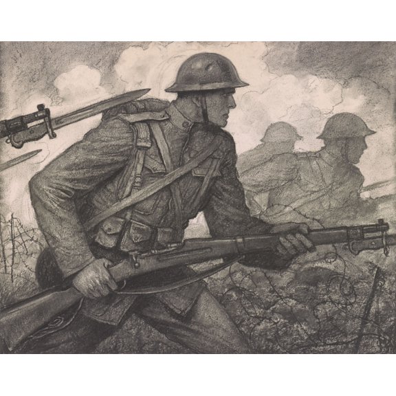 American Soldiers Ww1 Soldiers Advancing Through Barbed Wire With Rifles And Fixed Bayonets. 1918 Charcoal Drawing By American Artist History (36 x 24)