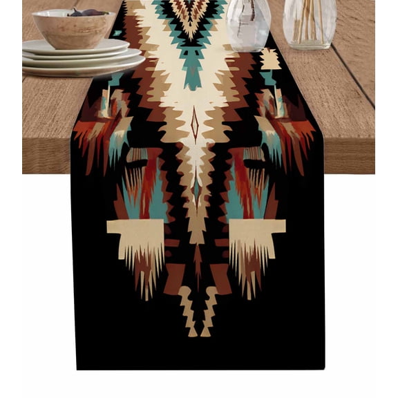 American Southwest Table Runner-Cotton Linen- 60 Inch Holiday Dresser Scarves, Retro Native Aztec Tribal Ethnic Tablerunner for Kitchen Coffee/Dining Bedroom Home Living Room Dinner Scarf Décor 13x60