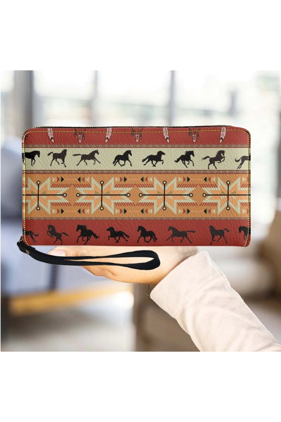 American Southwest Tribal Print Long Wristband Wallet Casual Multifunctional PU Leather Coin Purse Fashion Card Holder Ph Bag