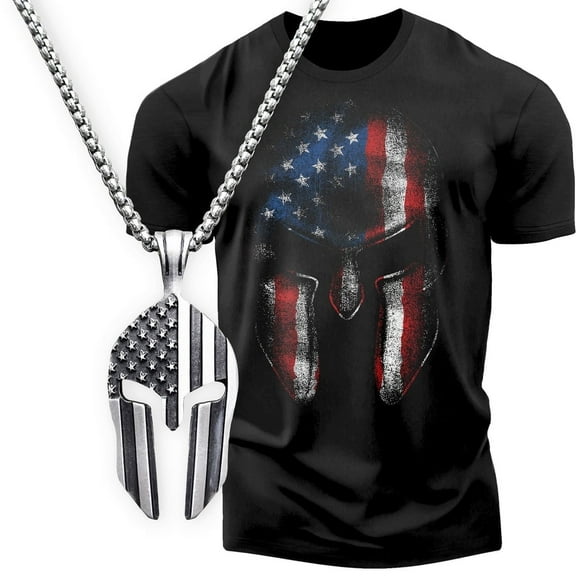 American Spartan Workout Gym Shirt Gift Set for Men – Spartan Warrior Pendant, Mens Gym Shirt, Fitness Gift, Motivational T-Shirt
