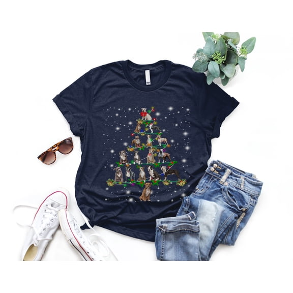 American Staffordshire Terrier Christmas Tree T-Shirt, Funny Dog Lover Gift, AmStaff Christmas Lights Shirts, Christmas Shirts for Women Men