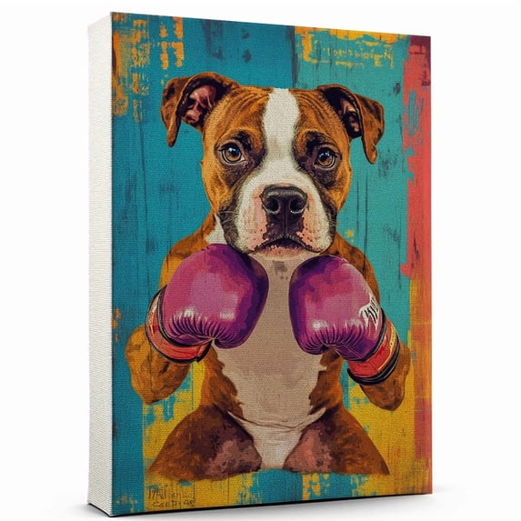 American Staffordshire Terrier Dog Playing Boxing Stretched Canvas Size 8x12 – Vintage Style American Staffordshire Terrier Dog Art for Boxing Fans, Great Gift for Dog Owners