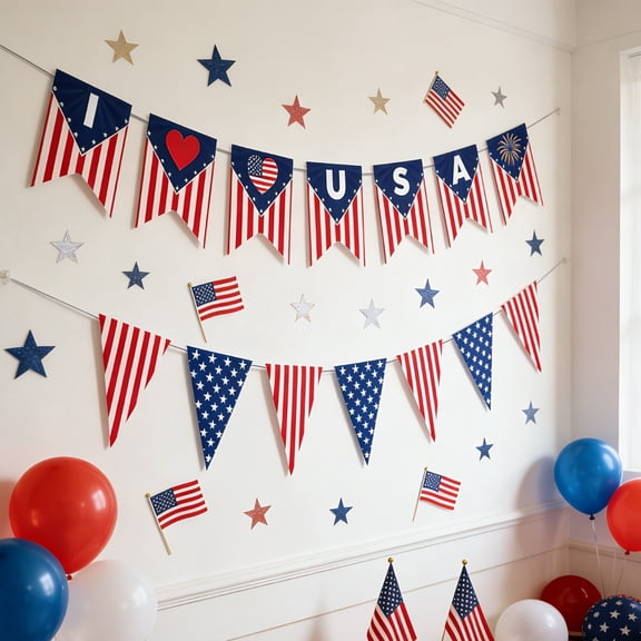 American Stars and Stripes Flag Triangle Bunting Garland, Patriotic 4th of July USA Triangle Flag Banner, For Memorial Veteran Day Labor Day Mantel Fireplace Decor