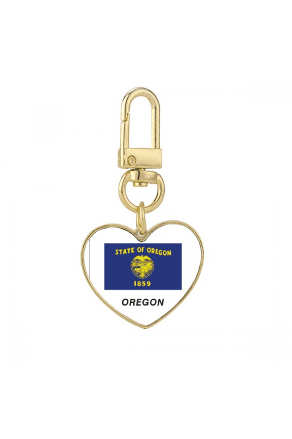 American State Flag Outline Oregon Gold Heart Keychain Metal Keyring Holder