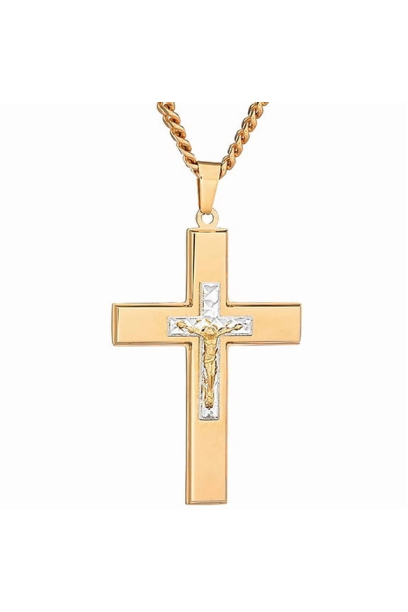 American Steel Jewelry Men's Stainless Steel Crucifix Rose Gold IP Silver-Tone Diamond-Cut Cross with Rose Gold-Tone Jesus, 24" Chain