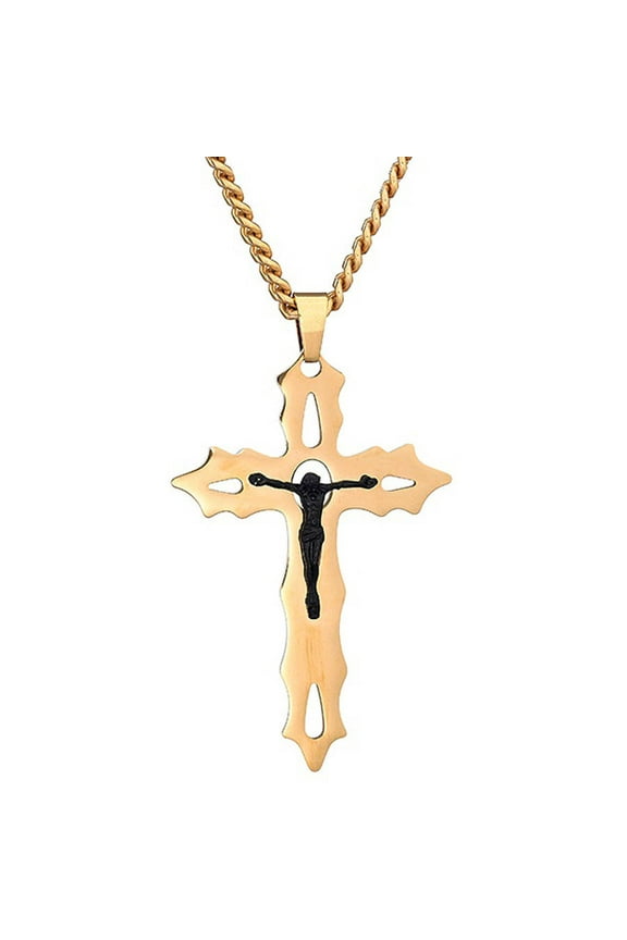 American Steel Jewelry Men's Stainless Steel Rose Gold IP Cross Crucifix with Black-Tone Jesus, 24" Chain
