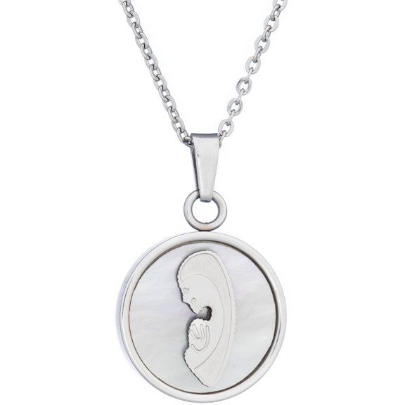 American Steel Jewelry Stainless Steel Silver-Tone Mary Mother of Pearl Inlay Inspirational Religious Pendant, 18" Chain
