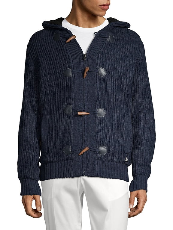 Mens Faux Fur Toggle Sweater, Navy, Large