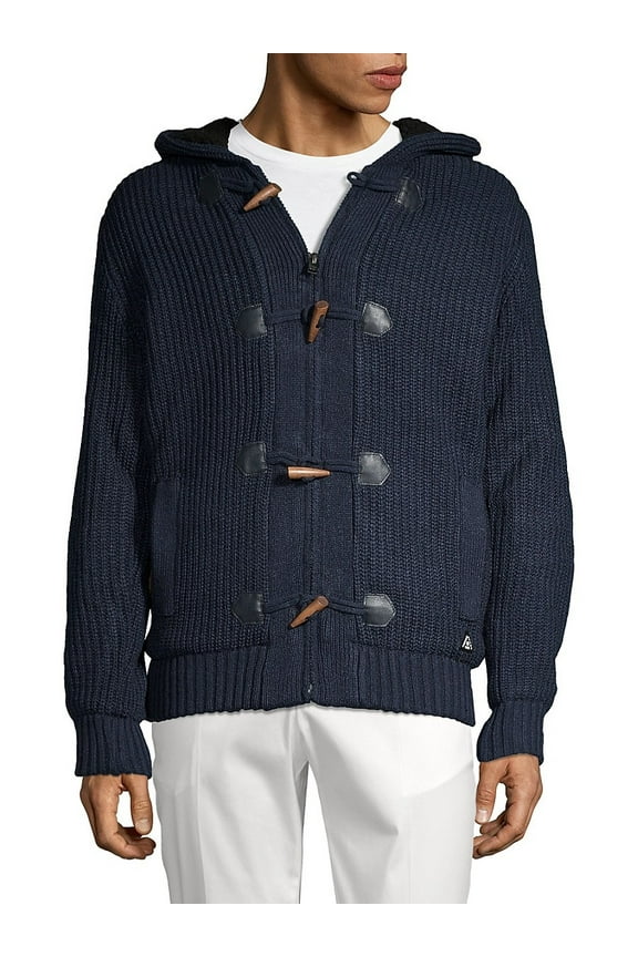 Mens Faux Fur Toggle Sweater, Navy, Large