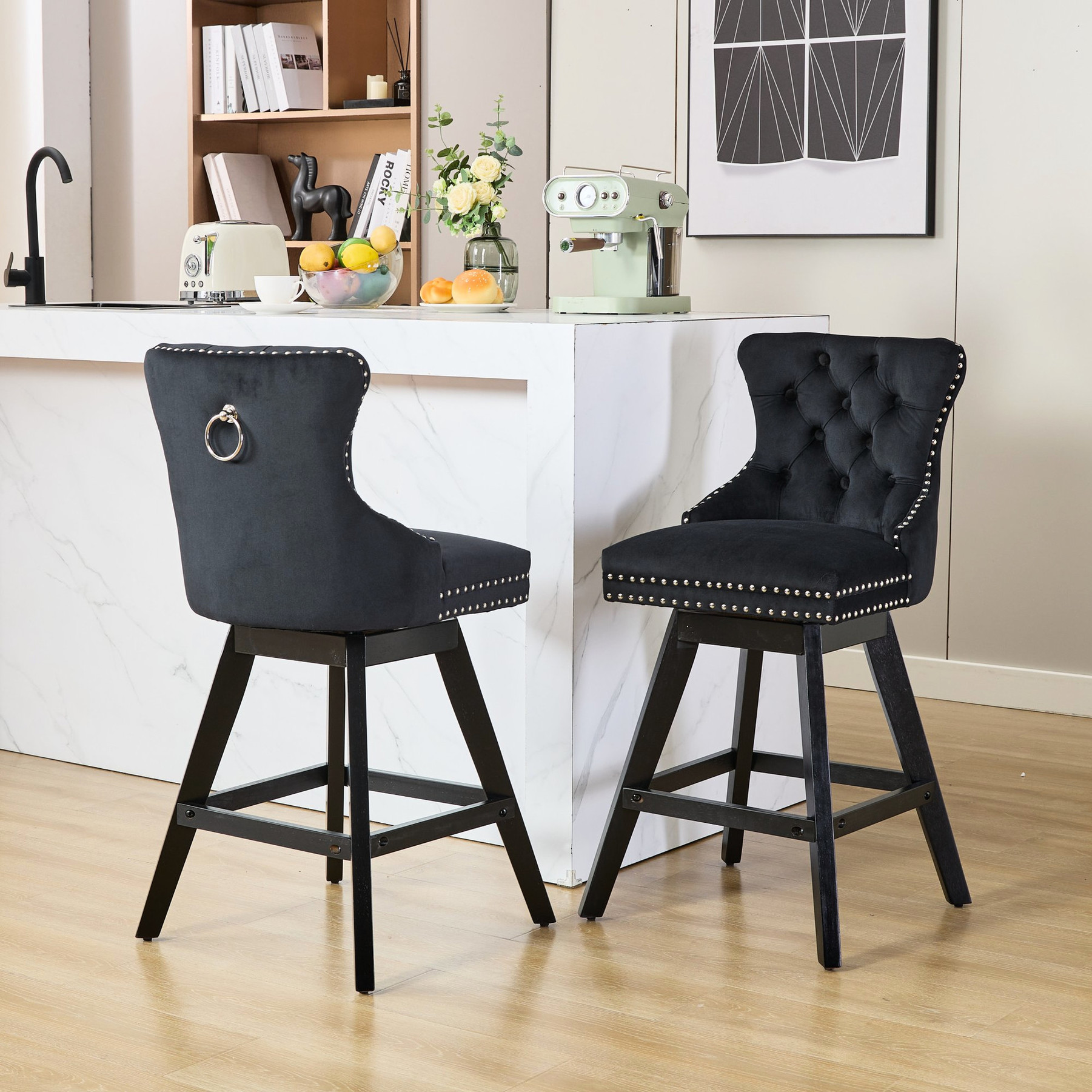American Style Black Velvet Barstools | 360 - Degree Swivel for Party