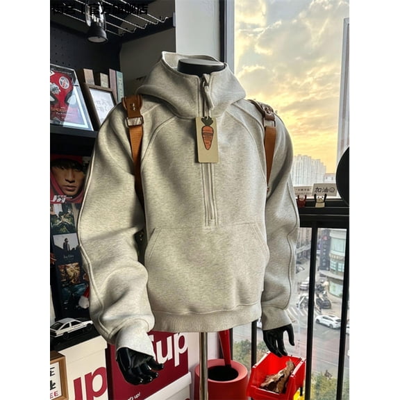 American Style Half-Zip Stand Collar Sweatshirt for Men, Spring and Autumn Niche Deconstructed Jacket, Heavyweight Stiff Hoodie