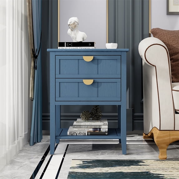 American Style Modern Nightstand, 2 Drawer Side Table with Open Display Shelf, Bedside Table for Bedroom, Living Room, Study Room
