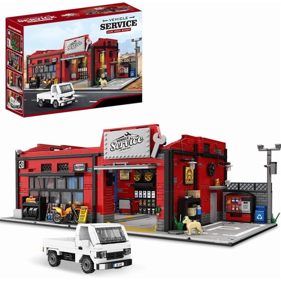 American-Style Parking Repair Shop Building Block Set with Lighting, 2819 Pieces Shop Building Model Building Block Sets, Adult Creative Enthusiast Model Gifts and Unique Collectibles