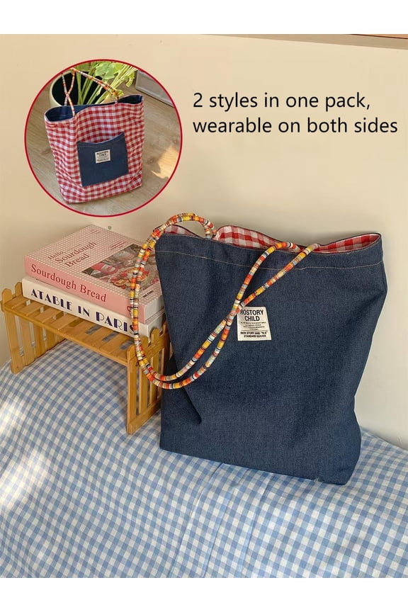 American Style Reversible Plaid Denim Canvas Bag - Versatile Commuter Tote Bag, Double-Sided Usable, Retro Color-Block Handheld Bag