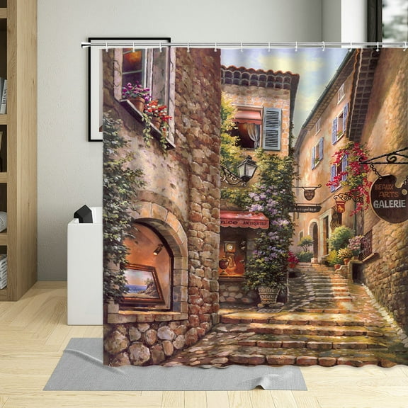 American Style Rural Ldyllic Oil Painting Scenery Shower Curtain Surrounded By Flower Town Art Decor Bathroom Curtains With Hook
