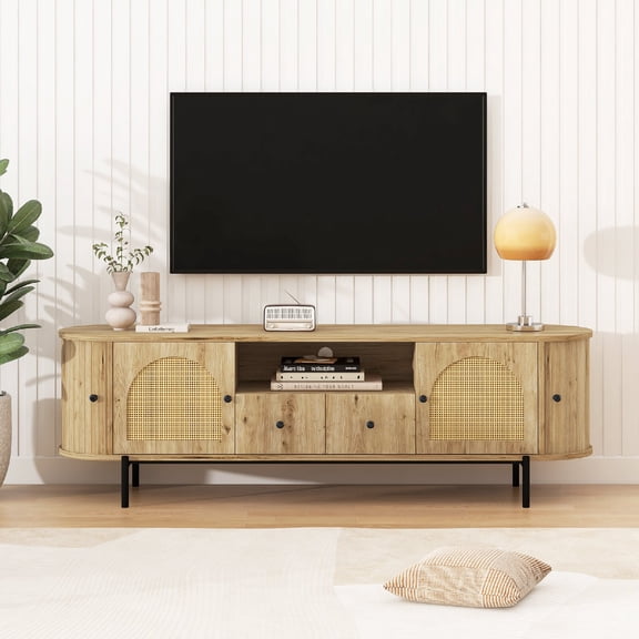 American Style TV Stand with Rattan Arched Doors and 2 Media Drawers, Media Console Table with Hidden Sliding Storage Compartments and Durable Steel Legs for Living Room, Bedroom, Rounded Corners