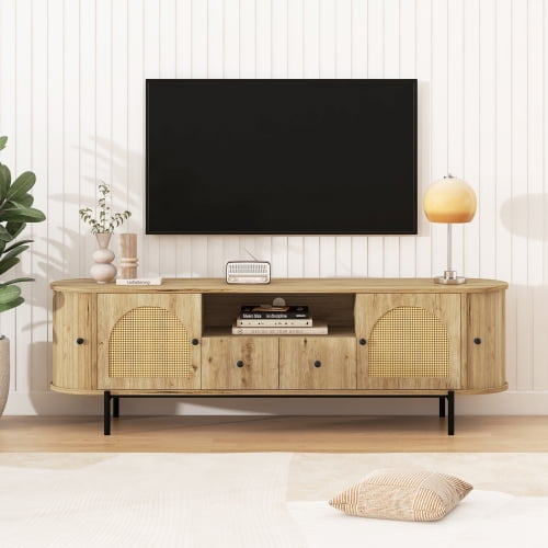 American Style TV Stand with Rattan Arched Doors, Entertainment Center with Drawers & Hidden Storage, Rounded Corners Steel Legs for Living Room, Antique Wood