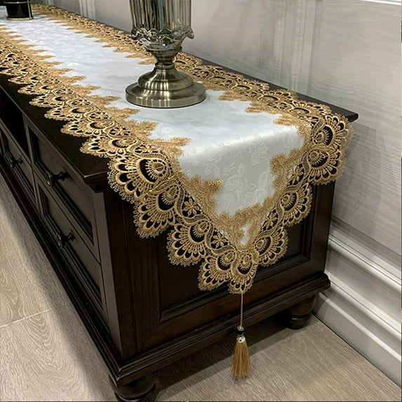American Style Table Runner - Lace Embroidered Rectangular Cover for Coffee Table, TV Stand & Dresser, Dustproof European Linen Tablecloth