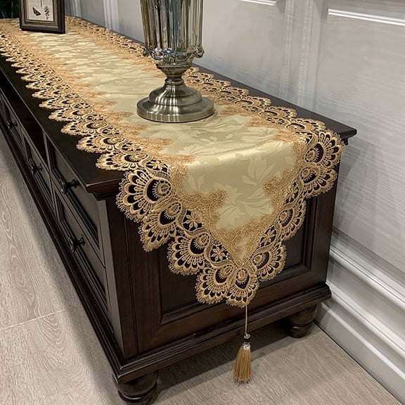 American Style Table Runner - Lace Embroidered Rectangular Cover for Coffee Table, TV Stand & Dresser, Dustproof European Linen Tablecloth