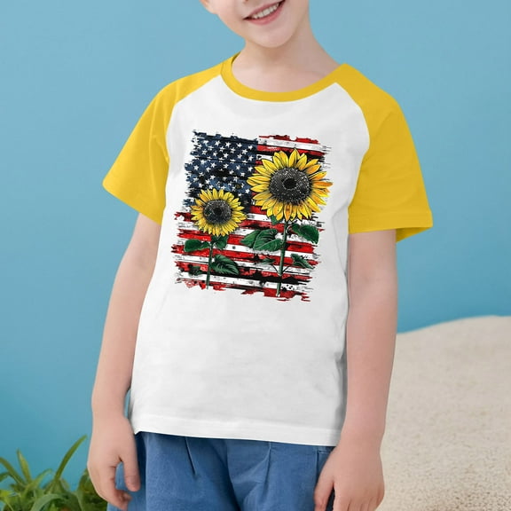 American Sunflower Shirt For Kids Independence Day Flag Graphic Tees 4Th Of July Raglan Short Sleeve Patriotic Casual Top Yellow 9-10 Years
