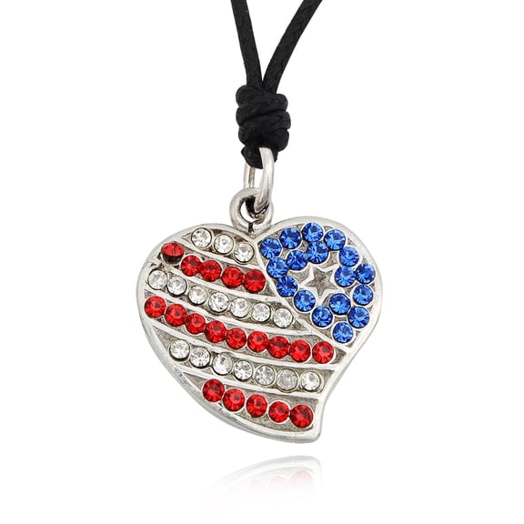 American Sweet Heart Flag Silver Pewter Charm Necklace Pendant Jewelry With Cotton Cord