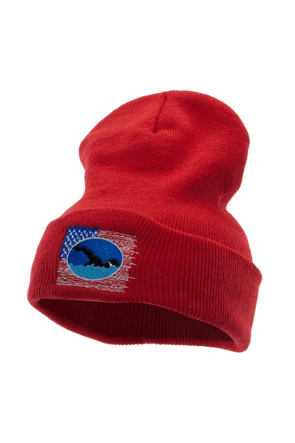 American Swimmer Embroidered 12 Inch Long Knitted Beanie - Red OSFM
