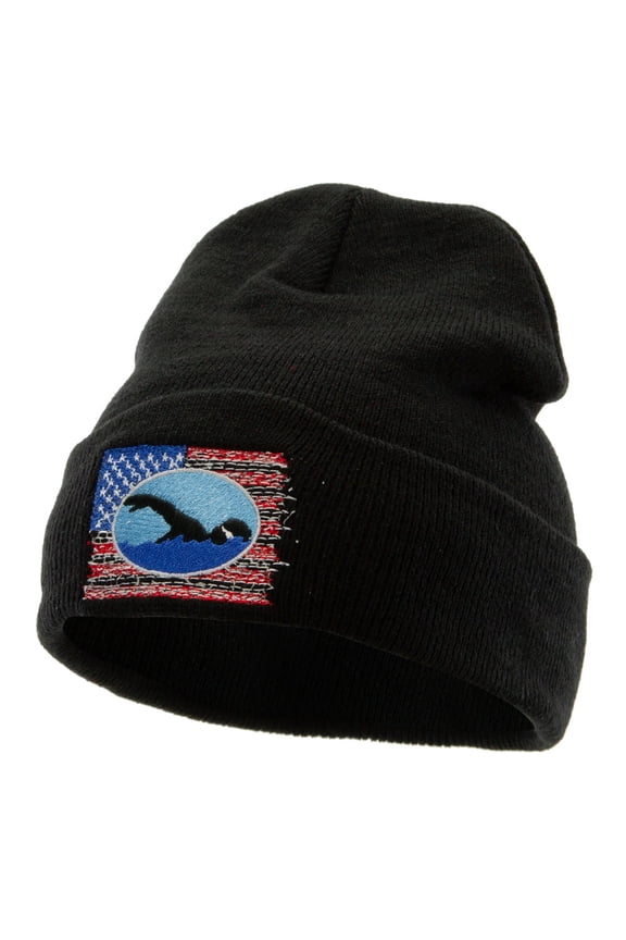 American Swimming Embroidered 12 Inch Long Knitted Beanie - Black OSFM