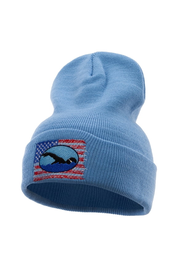 American Swimming Embroidered 12 Inch Long Knitted Beanie - Sky Blue OSFM
