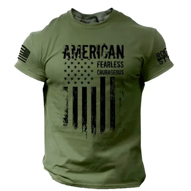 American T Shirt Fearless Courageous Distressed Flag Military Style Shirt